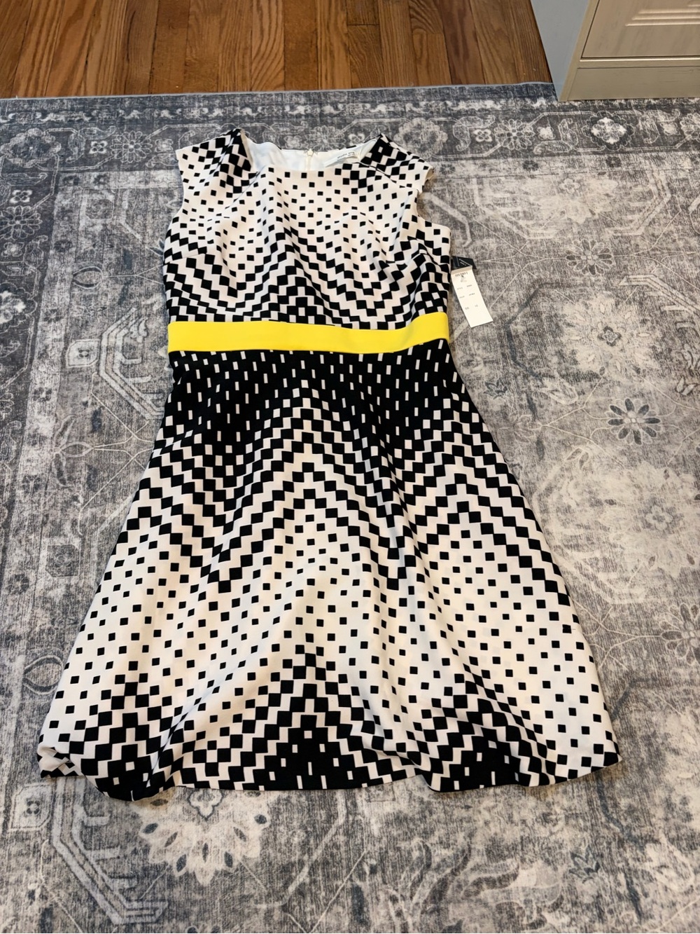 Black & White Geometric Mini Dress with Yellow Waistband